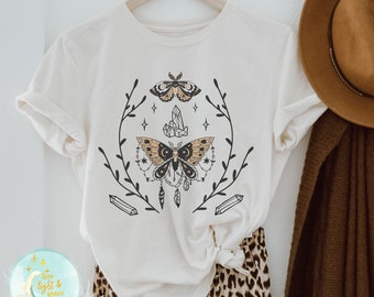 Cottagecore Mystical Shirt Butterfly TShirt, Crystals Papillon Witchy Apparel, Boho Hippie Shirt, Moon Child, Fairycore, Dark Academia Tees