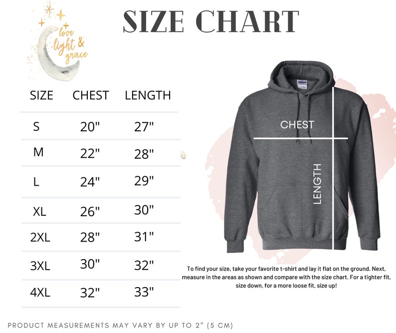 Puede incluir: Tabla de tallas para una sudadera con capucha con medidas en pulgadas para el pecho y la longitud. Las tallas van de la S a la 4XL. Para encontrar tu talla, toma tu camiseta favorita y col&oacute;cala plana en el suelo. A continuaci&oacute;n, mide en las &aacute;reas que se muestran y compara con la tabla de tallas. Para un ajuste m&aacute;s ce&ntilde;ido, baja una talla, para un ajuste m&aacute;s holgado, sube una talla. Las medidas del producto pueden variar hasta 2 pulgadas.