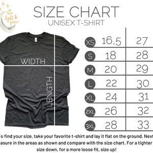 May include: Unisex t-shirt size chart with measurements in inches for width and length. The chart shows sizes XS through 3XL.