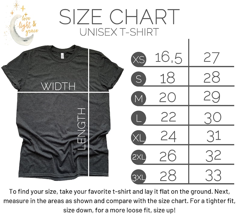May include: Unisex t-shirt size chart with measurements in inches for width and length. The chart shows sizes XS through 3XL.