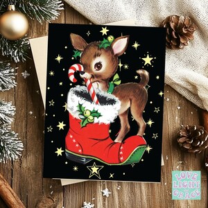 Retro-Weihnachtskarten Vintage Rentier-Karte mit mattem Finish enthält 1, 10 oder 25 Stück - 4,25 "x 5,5" - Klappkarten mit Umschlägen