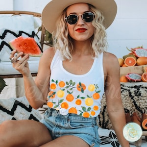 Summer Tank Tops Summertime Oranges Print Boho Cottagecore Cute Gardening Tshirt Trendy Graphic Tees Fruit Shirts Cottage Core Trees Shirt