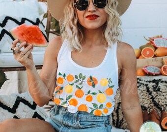 Summer Tank Tops Summertime Oranges Print Boho Cottagecore Cute Gardening Tshirt Trendy Graphic Tees Fruit Shirts Cottage Core Trees Shirt