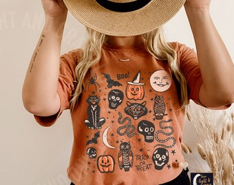 COMFORT COLORS Halloween Doodles Graphic Tee Vintage Halloween Shirt Fall Apparel Witchy Clothing Gothic Clothes Halloween Vintage Spooky