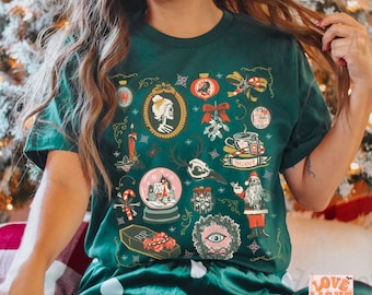 Chemise de Noël gothique T-shirt graphique de Noël effrayant de style vintage Pull de vacances gothique victorien Mignon pyjama de Noël effrayant pour Halloween