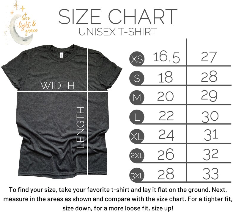 Pode incluir: Tabela de tamanhos para camiseta unissex com medidas em polegadas para largura e comprimento. A tabela mostra os tamanhos XS a 3XL.