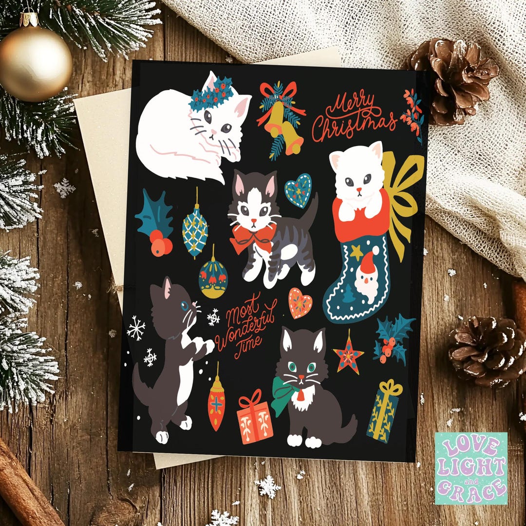 Retro Kittens Christmas Cards Cats Christmas Card Matte Finish Includes ...