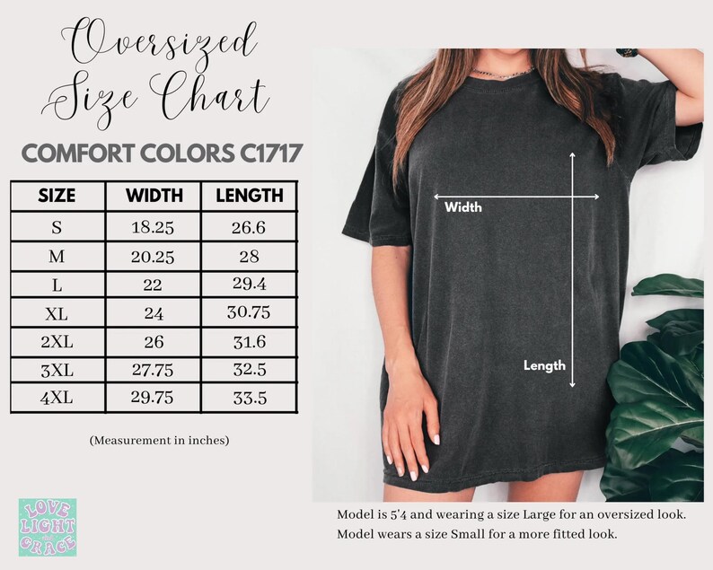 Peut inclure: Tableau des tailles pour les t-shirts surdimensionn&eacute;s Comfort Colors C1717. Le tableau comprend les mesures de largeur et de longueur en cm, allant de la taille S (46,35 cm de largeur, 67,56 cm de longueur) &agrave; 4XL (75,57 cm de largeur, 85,09 cm de longueur).