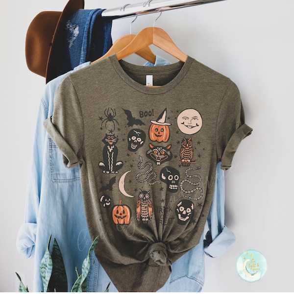 Halloween Doodles Vintage Halloween Shirt Fall Apparel Witchy Clothing Witchy Clothes Fall T-Shirt Short Sleeve Halloween Vintage Tshirt