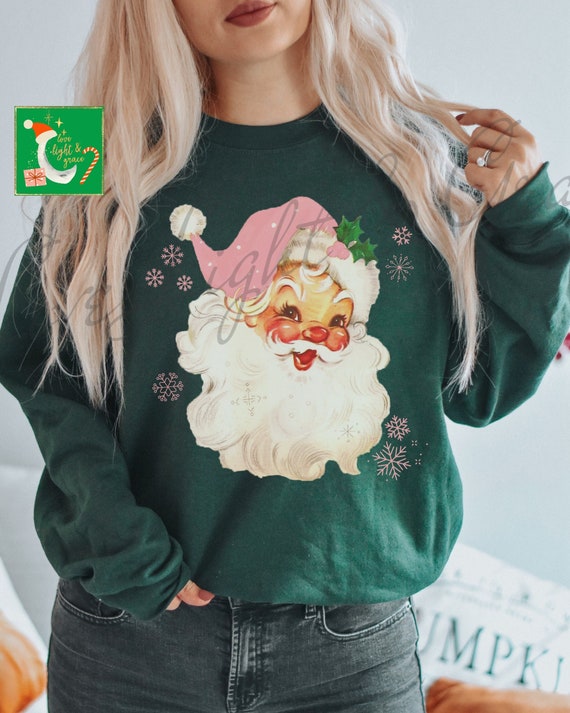 Santa Sweatshirt Vintage Christmas Crewneck Christmas PJs Pullover Retro  Santa Christmas Shirts Ugly Christmas Sweater Holiday Pink Santa