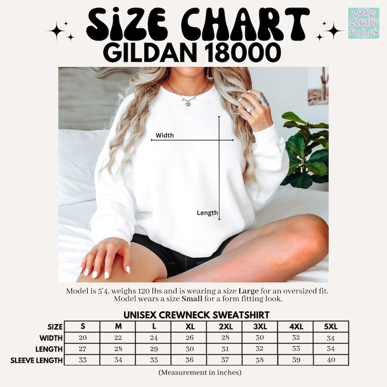 May include: White unisex crewneck sweatshirt with a size chart. The chart displays measurements in inches for sizes S to 5XL, including width, length, and sleeve length. The text "SIZE CHART GILDAN 18000" is at the top.