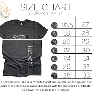 May include: Unisex t-shirt size chart with measurements in inches for width and length. The chart shows sizes XS through 3XL.