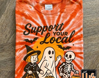 Halloween-Shirt, Batik-Shirt, orangefarbenes Batik-Halloween-Shirt, gruseliges Shirt, trendiges Halloween-Top, Süßes-oder-Saures-Kostüme