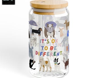 It's Ok to Be Different Funny Teacher Gift Iced Coffee Glass Cup With Dogs and Cats - Coffee Mugs Glass Sipper with Lid and Straw