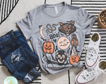 Halloween Doodles Vintage Halloween Shirt Fall Apparel Witchy Clothing Witchy Clothes Fall T-Shirt Short Sleeve Halloween Vintage Tshirt