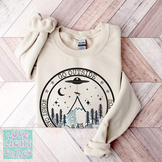 Worst Case Scenario Aliens Sweatshirt Camping Shirt Trendy Alien Mountain Sweatshirts Hiking Gifts Nature Shirts Adventure Outdoor Gift