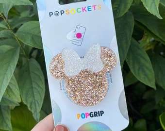 Vintage Rose Gold and White Mouse Head Phone Grip, Mouse Head Pop Grip, Custom Glitter Phone Socket, Glitter Phone Accessory