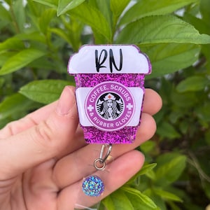 Purple Coffee Scrubs and Rubber Gloves Badge Reel, Glitter Nurse Badge Reel, Badge Reel Nurse, Badge Reel Custom, Badge Reel Personalized