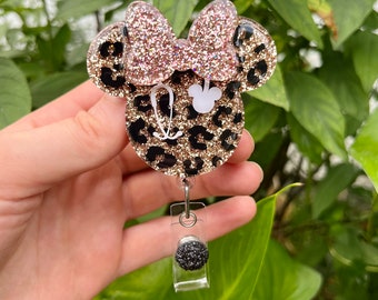 Leopard Mouse Head Badge Reel with Stethoscope, Gold Rose Gold Glitter Badge Reel Nurse, Badge Reel Custom, Badge Reel Personalized