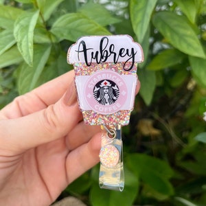 Glitter Badge Reel, Coffee Scrubs and Rubber Gloves, Personalized