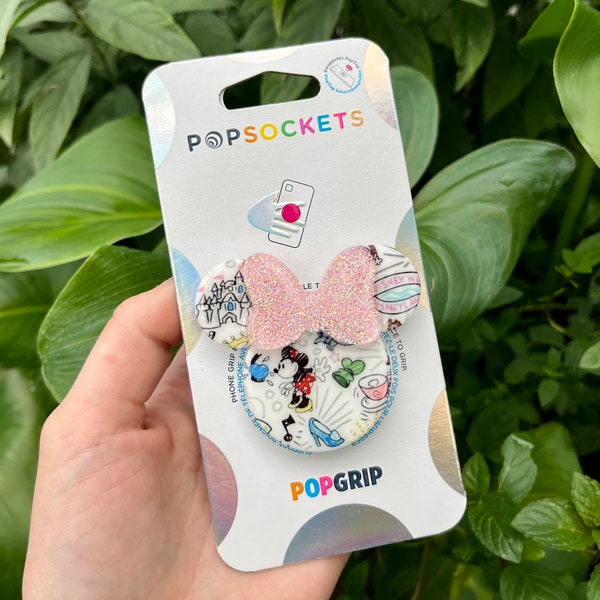 Cartoon Sketch Phone Grip with Light Pink Bow, Personalized Pop Grip, Custom Phone Socket, Rose Gold Phone Accessory