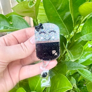 Bobina di badge pillola felice nera e argento, bobina di badge infermiera glitter argento, bobina di badge farmacia, bobina di badge personalizzata, bobina di badge personalizzata
