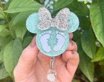 Baby Footprints Mouse Head Badge Reel, Pediatric Badge Reel, NICU badge reel, Badge Reel Personalized, Labor and Delivery, Badge Reel RN