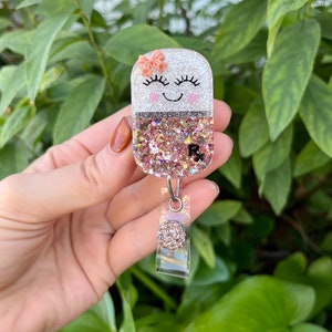 Rose Gold Happy Pill Badge Reel, Pink Glitter Nurse Badge Reel, Pharmacy Badge Reel, Badge Reel Custom, Badge Reel Personalized