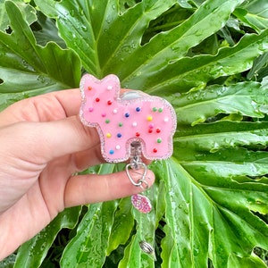 Pink Animal Cookie With Sprinkles Badge Reel, Dessert Badge Reel, Frosting Badge Reel Nurse, Badge Reel Custom, Badge Reel Personalized