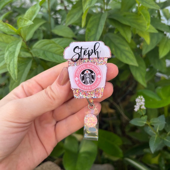 Coffee Scrubs and Rubber Gloves Badge Reel, Pink Glitter Nurse