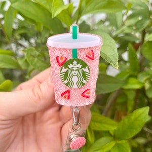 Iced Strawberry Pink Drink Badge Reel, Glitter Badge Reel, Badge Reel Nurse, Badge Reel Custom, Badge Reel Personalized, Badge Reel Glitter