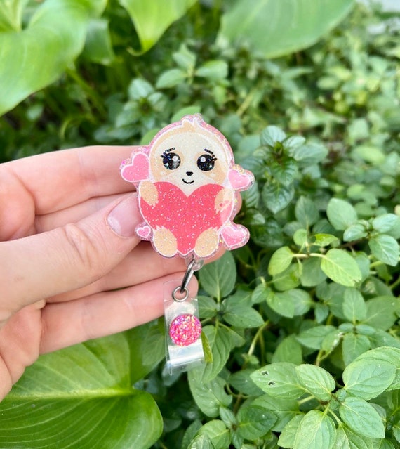 Valentine's Day Baby Sloth Heart Badge Reel, Glitter Nurse Badge
