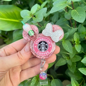 Rose Pink Mouse Head Coffee Badge Reel, Badge Reel, Badge Reel Custom, Badge Reel Personalized, Badge Reel Glitter