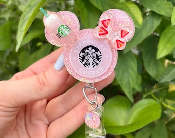 Mouse Coffee Badge Reel, Strawberries And Cream Badge Reel, Pink Drink Badge Reel Custom, Badge Reel Personalized, Badge Reel Glitter