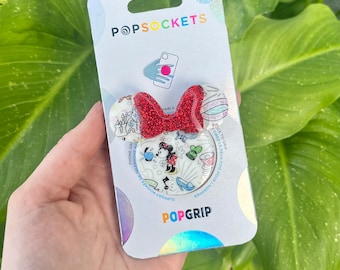 Cartoon Sketch Phone Grip with Red Bow, Personalized Pop Grip, Custom Phone Socket, Rose Gold Phone Accessory