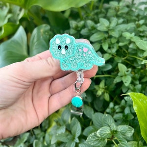 Mint Teal Glitter Dinosaur Badge Reel, Mint Triceratops Glitter Badge Reel, Pediatric Badge Reel Nurse, Dino Badge Reel Personalized