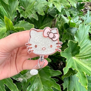 Rose Gold and White Kitty Glitter Badge Reel, Animal Badge Reel, Pediatric Badge Reel, Cat Head Badge Reel, Animal Badge Reel