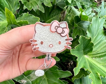 Rose Gold and White Kitty Glitter Badge Reel, Animal Badge Reel, Pediatric Badge Reel, Cat Head Badge Reel, Animal Badge Reel