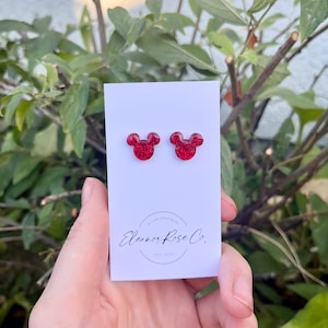 Red Glitter Mouse Stud Earrings, Glitter Mouse Stud Earrings, Gifts for Children, Glitter Stud Earrings, Handmade Custom Stud Earrings