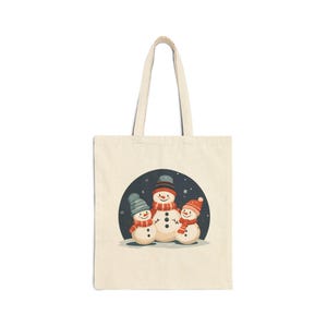 Snowmen Christmas Cotton Canvas Tote Bag - Holiday Reusable Shopping Bag, Winter Theme Eco-Friendly Tote, Festive Snowman Shoulder Bag,
