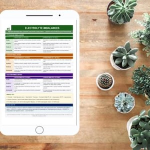 Op de afbeelding: Een witte tablet toont een medische informatietabel met de titel "Electrolyte Imbalances". De tabel is omgeven door verschillende vetplanten in pot op een houten oppervlak. De tabel heeft groene, bruine en paarse secties.