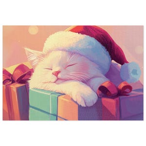 Jigsaw Puzzle - Sleepy Christmas Kitty, Holiday Puzzle, Cat Lover Gift, Christmas Gift, 1000 Piece Puzzle