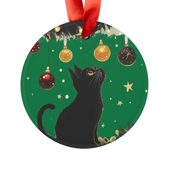 黒猫のクリスマスオーナメント：アクリル製ホリデーデコレーション