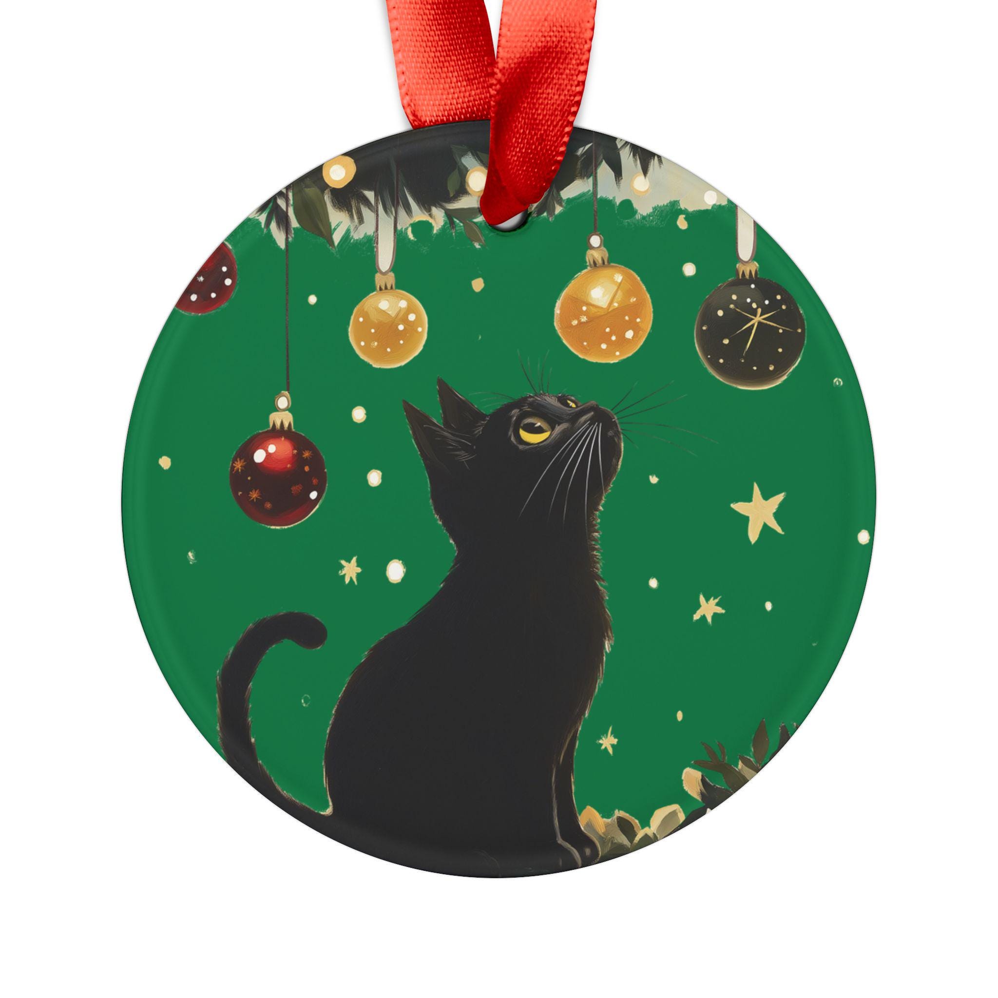 黒猫のクリスマスオーナメント：アクリル製ホリデーデコレーション