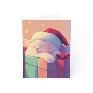 Greeting Cards, Sleepy Christmas Kitty Design, Holiday Stationery Set, Seasonal Notecards, Festive Card Pack, Cat Lover Gifts