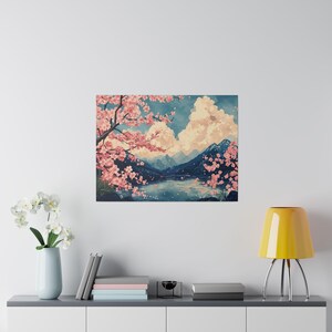 Serene Japanese Cherry Blossom Landscape Matte Canvas Eco-Friendly Framed Art