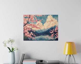 Serene Japanese Cherry Blossom Landscape Matte Canvas Eco-Friendly Framed Art