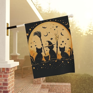 Banner, Witchy Cats Garden & House Flag Decor, Halloween Outdoor Sign, Spooky Home Decoration, Black Cat Lover Gift, Seasonal Yard Art,