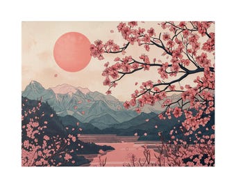 Serene Japanese Cherry Blossom Landscape Matte Canvas Eco-Friendly Framed Art