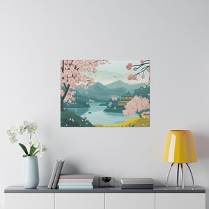 Serene Japanese Cherry Blossom Landscape Matte Canvas Eco-Friendly Framed Art